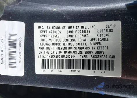 2013 Honda Accord Lx из США, поврежденный, VIN 1HGCR2F37DA003544